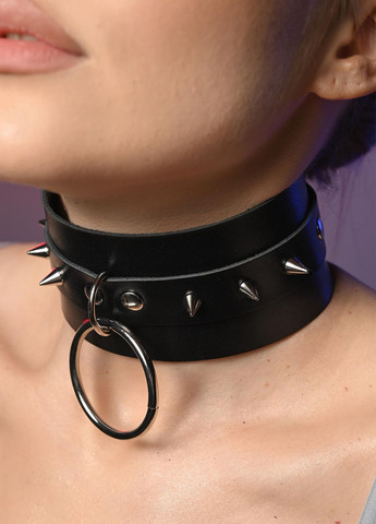 Чокер широкий жіночий з кільцем та шипами 624 Nova натуральна шкіра нікель (262087607)