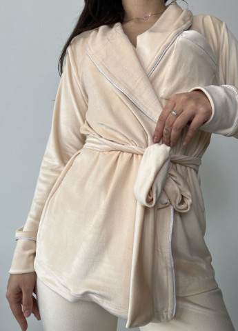 Бежевая всесезон пижама велюровая кофта + брюки popluzhnaya