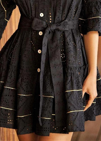 Черное платье короткое хлопковое с шитьем сангалло на пуговицах с рукавами три четверти m черный ic-713 Iconique