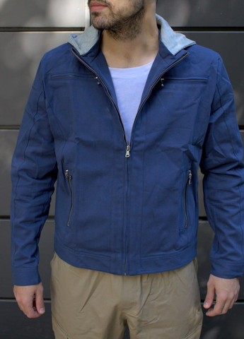 Синяя демисезонная стильная котоновая куртка со съемным капюшоном Vakko