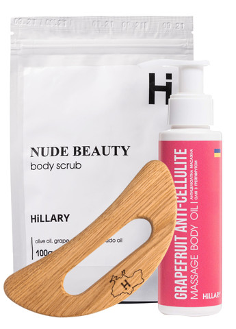 Массажный набор гуаша для тела : Антицеллюлитное масло Грейпфрут + Скребок гуаша деревянный + Скраб для тела Hillary (260266341)