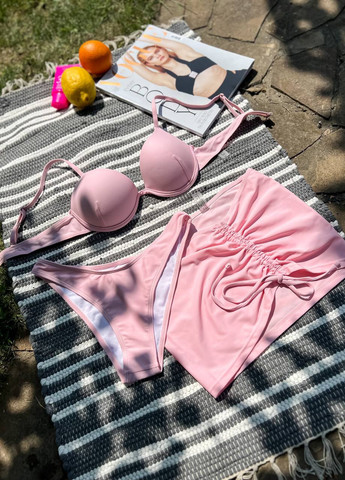 Розовый летний яркий женский купальник с юбкой No Brand