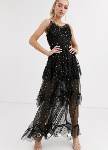 Комбинированное праздничный, коктейльное, вечернее черное платье миди с длинными рукавами в горошек new look Lace & Beads в горошек