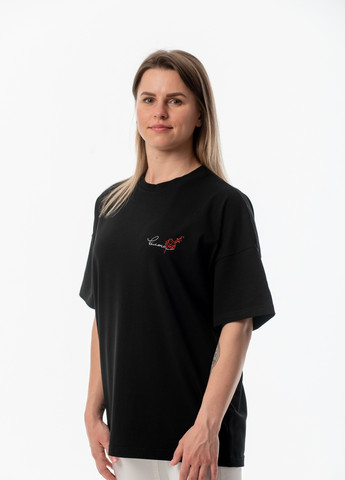 Чорна жіноча футболка оверсайз з вишивкою "вільна" з коротким рукавом VINCA
