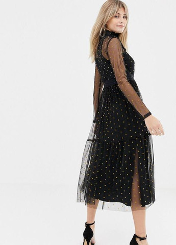 Черное сетчатое платье миди в горошек с кружевными вставками lace&beads Asos в горошек