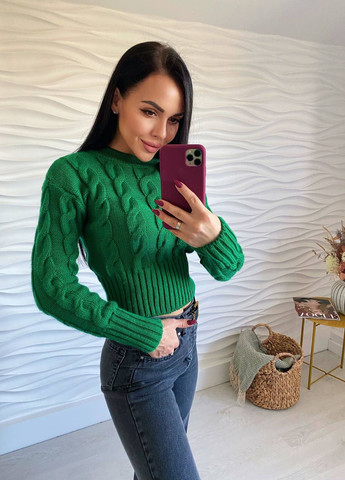 Жіночий светр укорочений з візерунком коси зеленого кольору р.42/46 396788 New Trend (258967547)