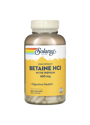 Бетаин Гидрохлорид с Пепсином Betaine HCl 250мг - 180 вег.капсул Solaray (270016098)