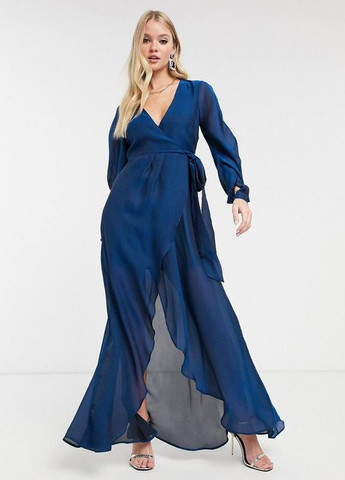 Синее праздничный, вечернее платье макси с запахом и драпированными рукавами design Asos