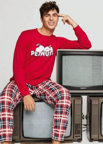 Пижама мужская футболка с длинным рукавом на манжетах и брюки S Красный в клетку с принтом Snoopy Peanuts 2-1855 Gisela (257979388)