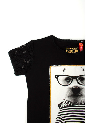 Чорна літня футболка на дівчинку tom-du чорна із собакою TOM DU