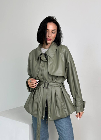 Оливковая женская куртка с эко кожи No Brand