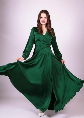 Зелена вечірня платье нарядное женское 923057 однотоннй атлас зеленое Актуаль