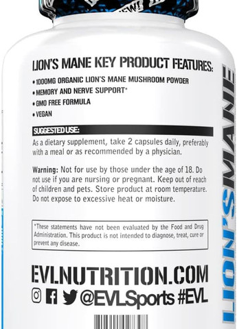 Їжовик гребінчастий Lion's Mane, 60 Veggie Capsules EVLution Nutrition (260190571)