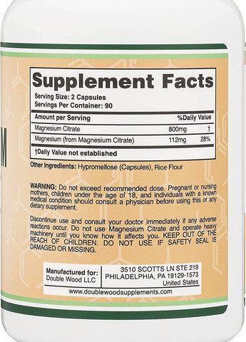 Цитрат магнію Double Wood Magnesium Citrate 800 mg 180 capsules Double Wood Supplements (259752961)