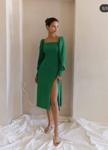 Зеленое деловое, повседневный, праздничный, вечернее платье с разрезом на ноге No Brand