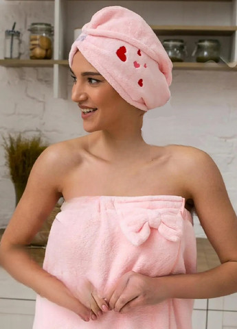 Unbranded женский набор 2 в 1 для бани сауны полотенце халат на резинке чалма тюрбан на голову микрофибра (474283-prob) сердечки розовый сердечки розовый производство -