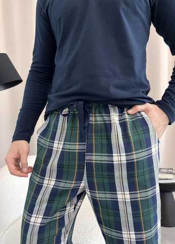 Домашняя пижама для мужчин из фланели (штаны+лонгслив) клетка сине-зеленая Cosy (262094021)