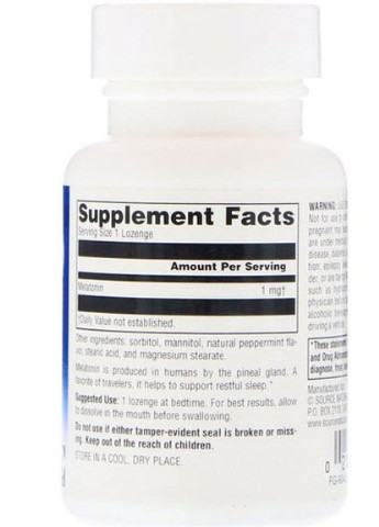 Melatonin 1 mg 100 Lozenges Peppermint Flavor SNS-00709 Source Naturals (256722056)