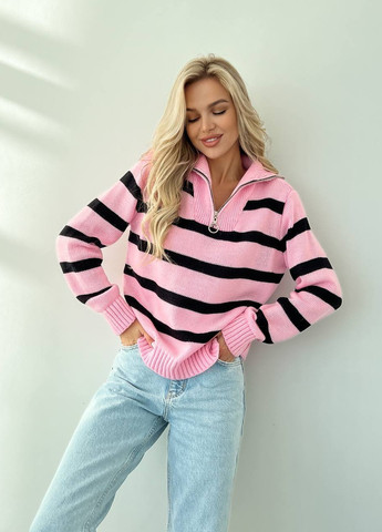 Жіночий светр вовняний в смужку з блискавкою рожевий з чорним р.42/46 396781 New Trend (258967818)
