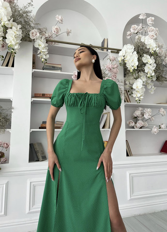 Зеленое повседневный нежное летнее платье в горошек з разрезами Jadone Fashion в горошек