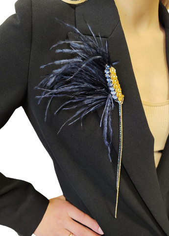 Брошь колосок желто-голубой с длинными стразовыми цепочками и перьями синего цвета (UA34) Ksenija Vitali (267507533)