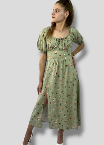 Оливковое повседневный платье штапель с разрезом No Brand с цветочным принтом