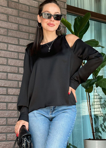 Черная летняя блузка женская черного цвета размер 42-48 с баской Let's Shop