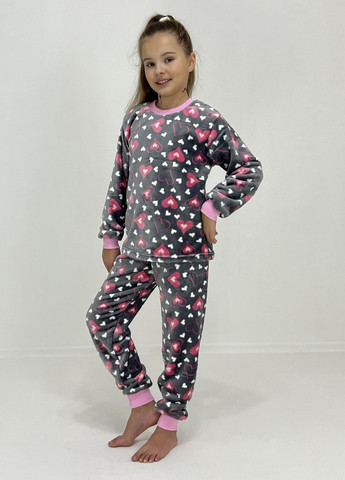Серая зимняя пижама детская зимняя розовое сердечко 140 серая 74542012-2 Triko