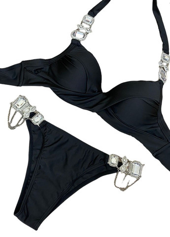 Чорний літній купальник зі стразами камінням та ланцюжками жіночий роздільний стильний красивий роздільний No Brand 7782