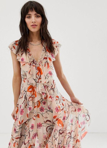 Бежевое макси платье с оборками и винтажным цветочным принтом Asos