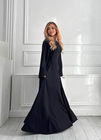 Черное красивое чёрное платье макси с завязками из рубчика мустанг, элегантное длинное чёрное платье No Brand