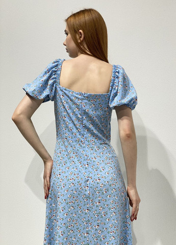 Голубое кэжуал платье с разрезом CHICLY с цветочным принтом