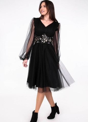 Чорна сукня ошатна жіноча 923023 однотонний креп сітка чорна Актуаль
