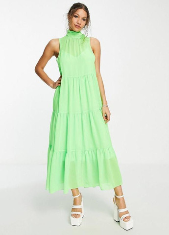 Салатовое неоновое-зеленое платье макси с высоким воротником design Asos