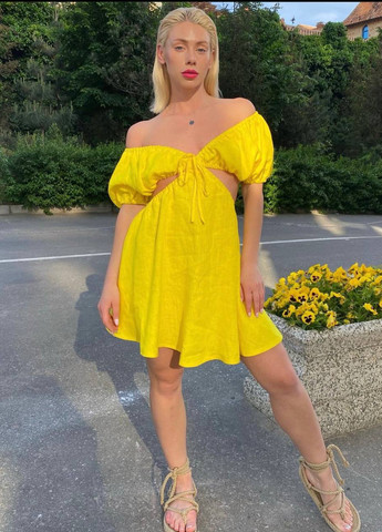Желтое женское платье лен No Brand