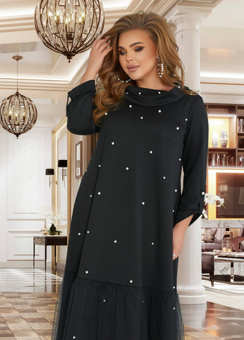 Черное сукні великіх розмірів довга сукня з перлами великого розміру (46601) Lemanta
