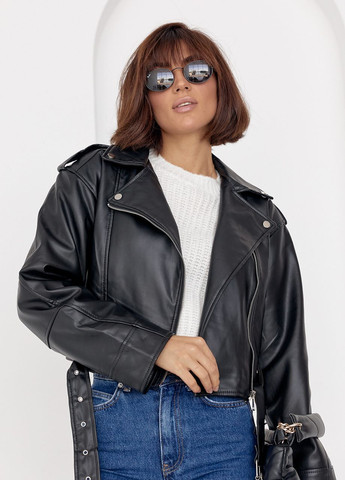 Черная демисезонная женская куртка-косуха из кожзама - черный Lurex
