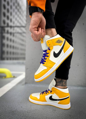 Желтые демисезонные кроссовки мужские air jordan 1 mid se lakers, вьетнам Nike