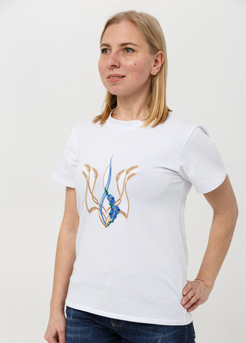 Белая всесезон женская футболка с вишивкою "тризуб " белая с коротким рукавом Мальви
