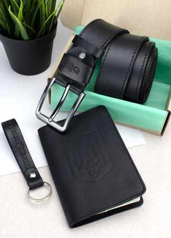 Подарочный мужской набор №78: ремень + обложка на паспорт + брелок (черный матовый) HandyCover (264071412)