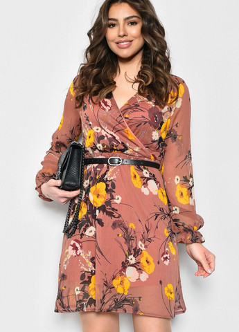 Терракотовое кэжуал платье женское шифоновое терракотового цвета с цветочными узорами баллон Let's Shop с цветочным принтом