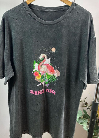 Сіра футболка-туніка варенка фламінго No Brand