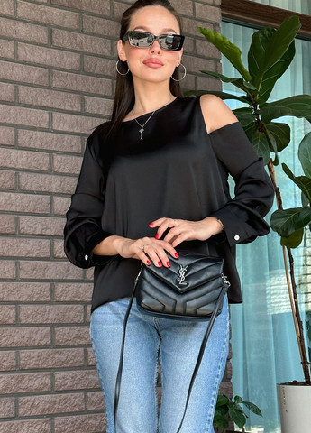Чорна літня блузка жіноча чорного кольору розмір 42-48 з баскою Let's Shop