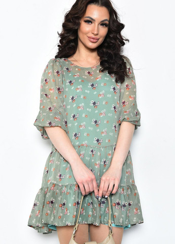 Оливковое кэжуал платье женское шифоновое оливкового цвета в цветочек баллон Let's Shop с цветочным принтом