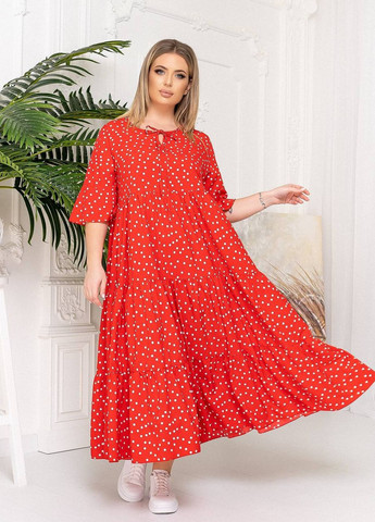Яскраво-червона жіноча довга сукня в горошок червоного кольору р.50/54 359127 New Trend