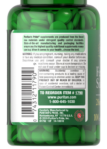 Puritan's Pride Iron Ferrous Sulfate 28 mg 100 Tabs Puritans Pride (256721099)