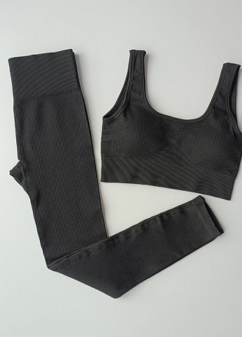Бесшовный фитнес костюм лосины топ в рубчик чорный No Brand (276975980)