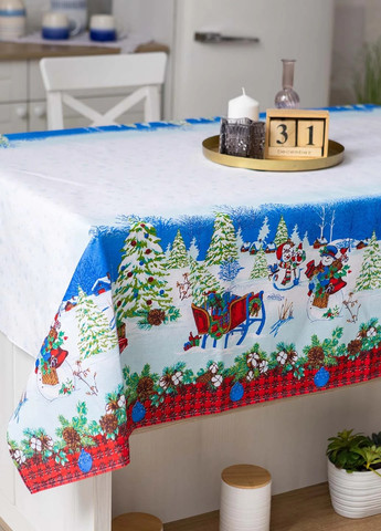 Новогодняя праздничная льняная хлопковая скатерть накидка на обеденный стол с узором 150х220 см (475718-Prob) Метель Unbranded (270827879)