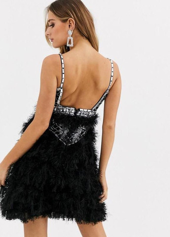 Черное коктейльное, откровенный, карнавальный, вечернее черное мини платье с украшением из искусственного пера Starlet
