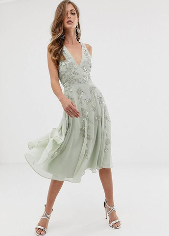 Бірюзова святковий, коктейльна, вечірня сукня міді з перлами design Asos з квітковим принтом